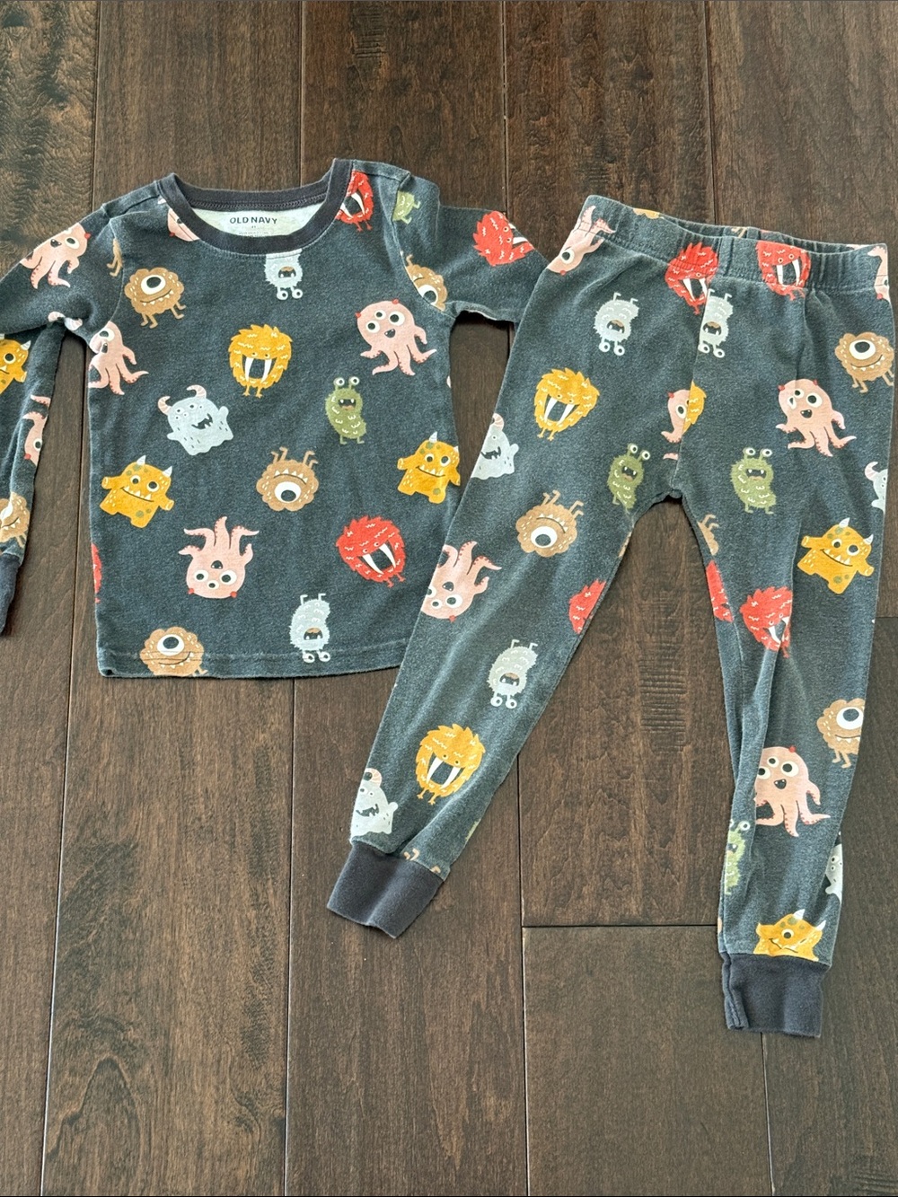 Old Navy Charcoal Monster Print Pajama Set with Multicolor Creatures